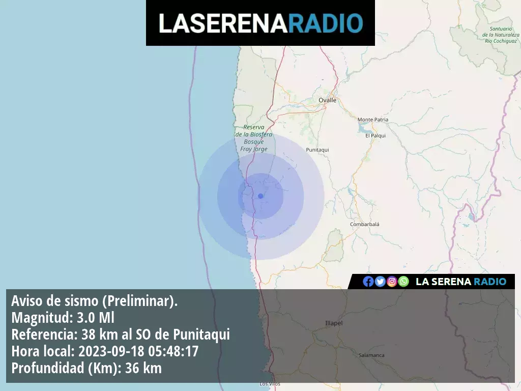 Sismo de menor intensidad a 38 kilómetros al suroeste de Punitaqui