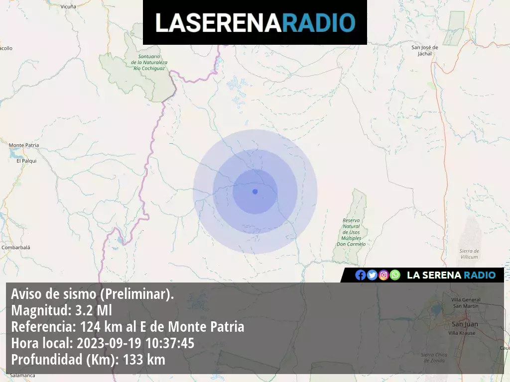 Sismo de menor intensidad a 124 kilómetros al este de Monte Patria