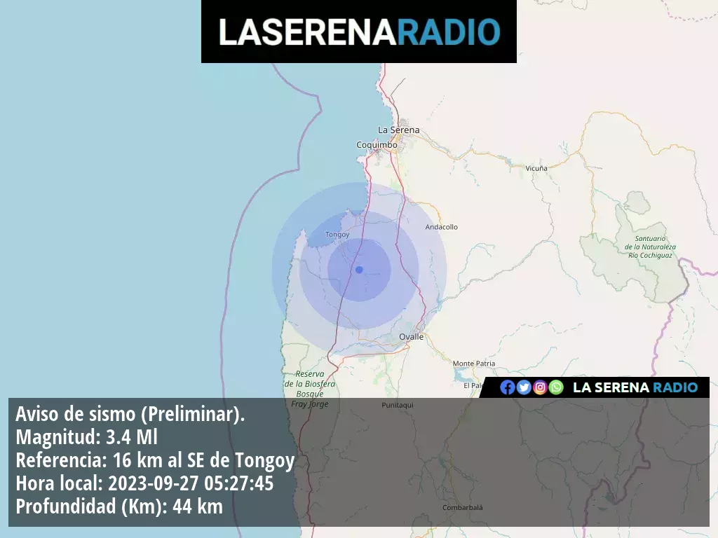 Sismo de menor intensidad a 16 kilómetros al sureste de Tongoy