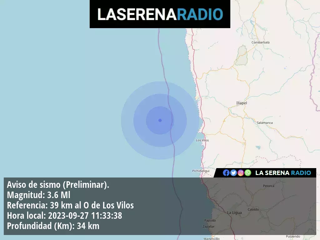 Sismo de menor intensidad a 39 kilómetros al oeste de Los Vilos