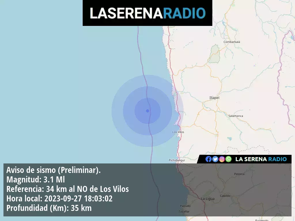 Sismo de menor intensidad a 34 kilómetros al noroeste de Los Vilos