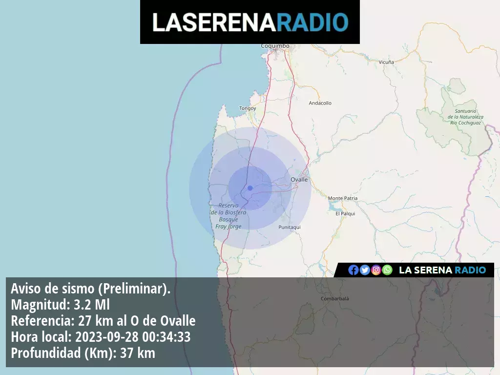 Sismo de menor intensidad a 27 kilómetros al oeste de Ovalle