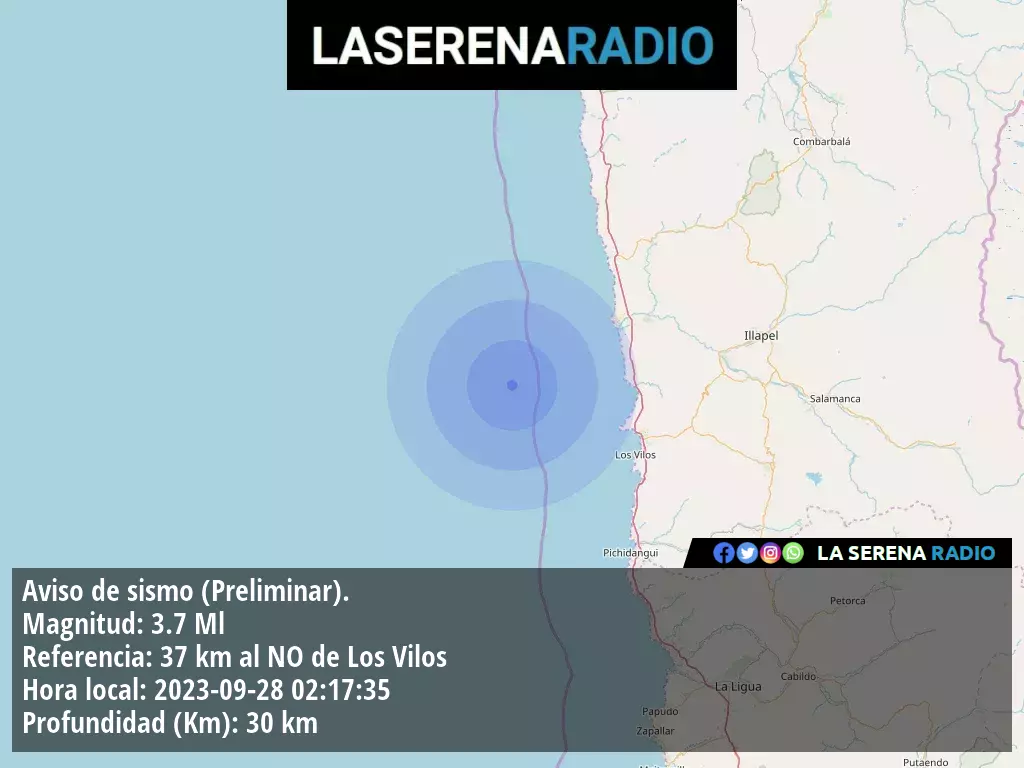 Sismo de menor intensidad a 37 kilómetros al noroeste de Los Vilos