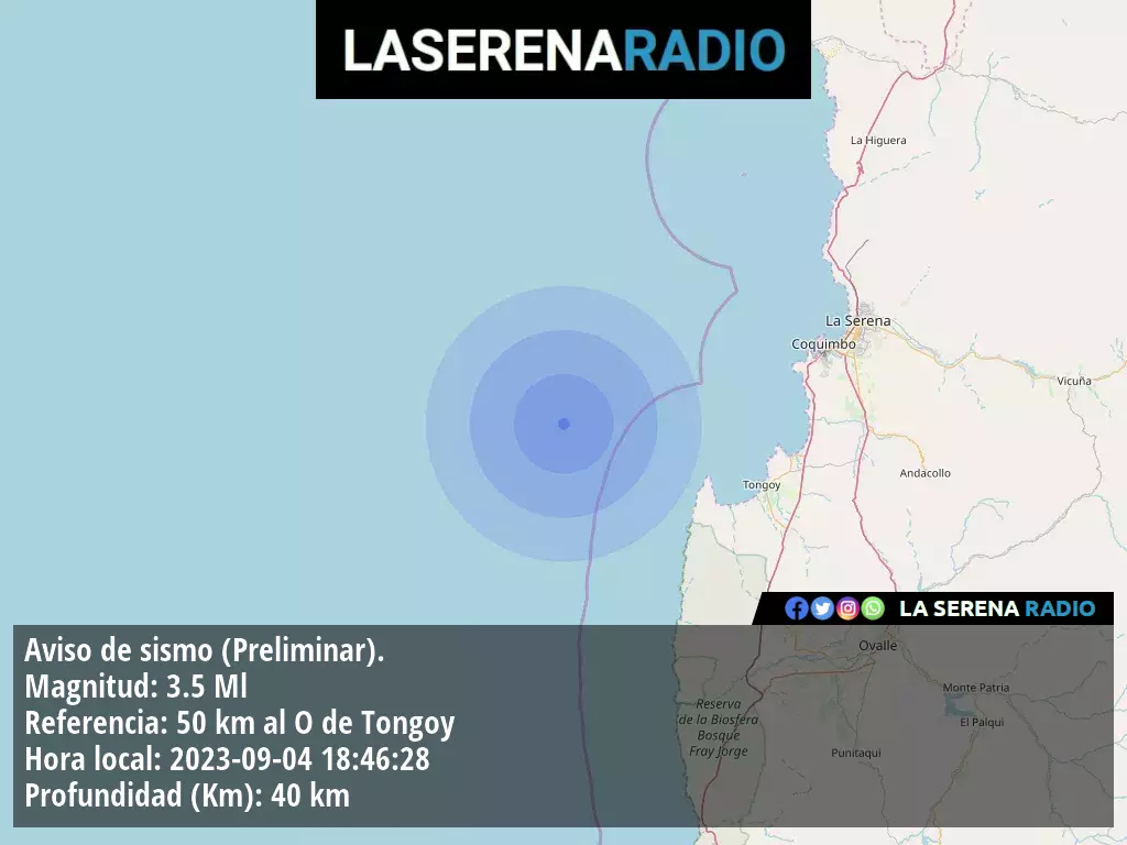 Sismo de menor intensidad a 50 kilómetros al oeste de Tongoy