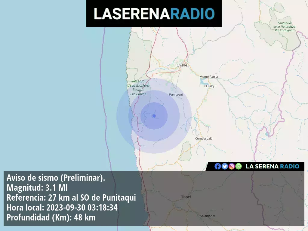 Sismo de menor intensidad a 27 kilómetros al suroeste de Punitaqui