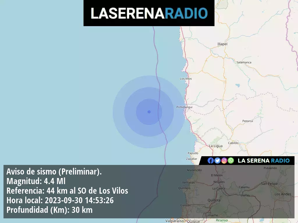 Sismo de mediana intensidad a 44 kilómetros al suroeste de Los Vilos