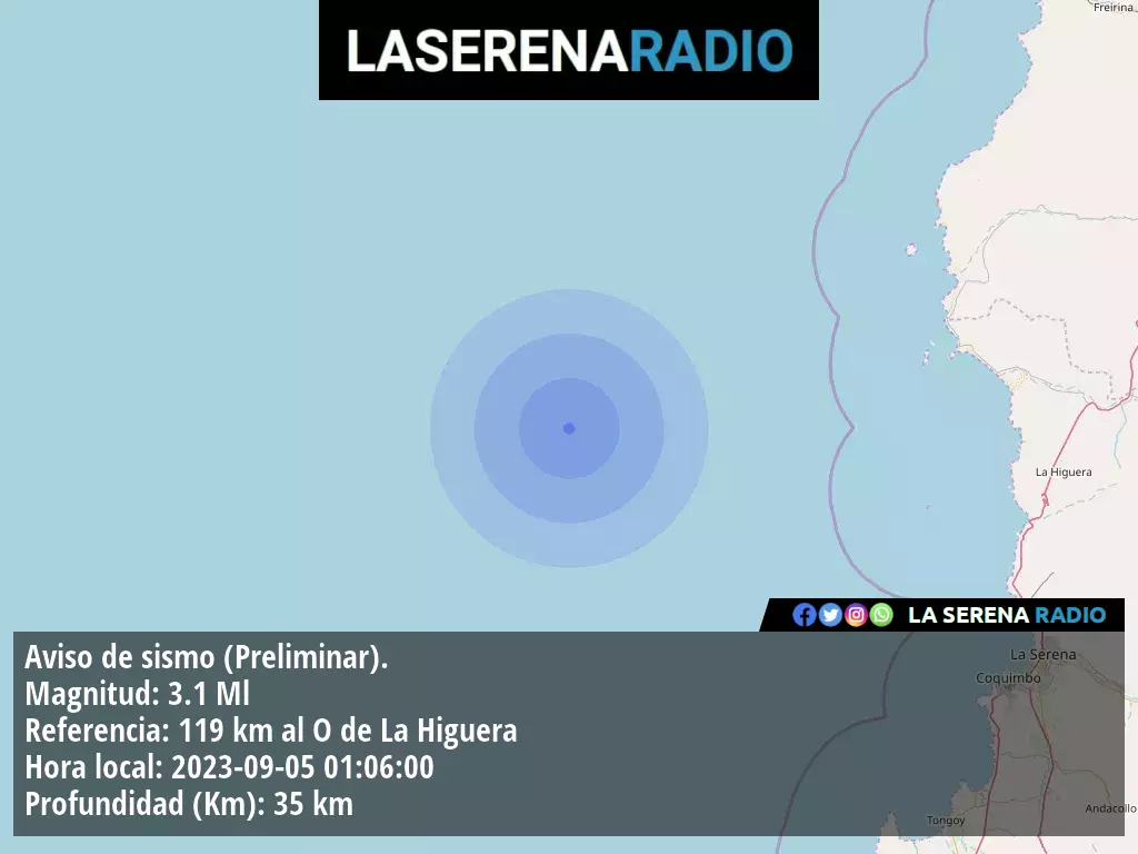 Sismo de menor intensidad a 119 kilómetros al oeste de La Higuera