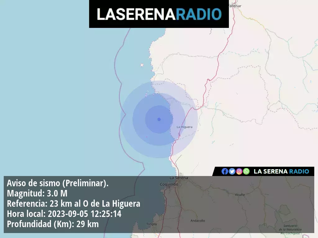 Sismo de menor intensidad a 23 kilómetros al oeste de La Higuera