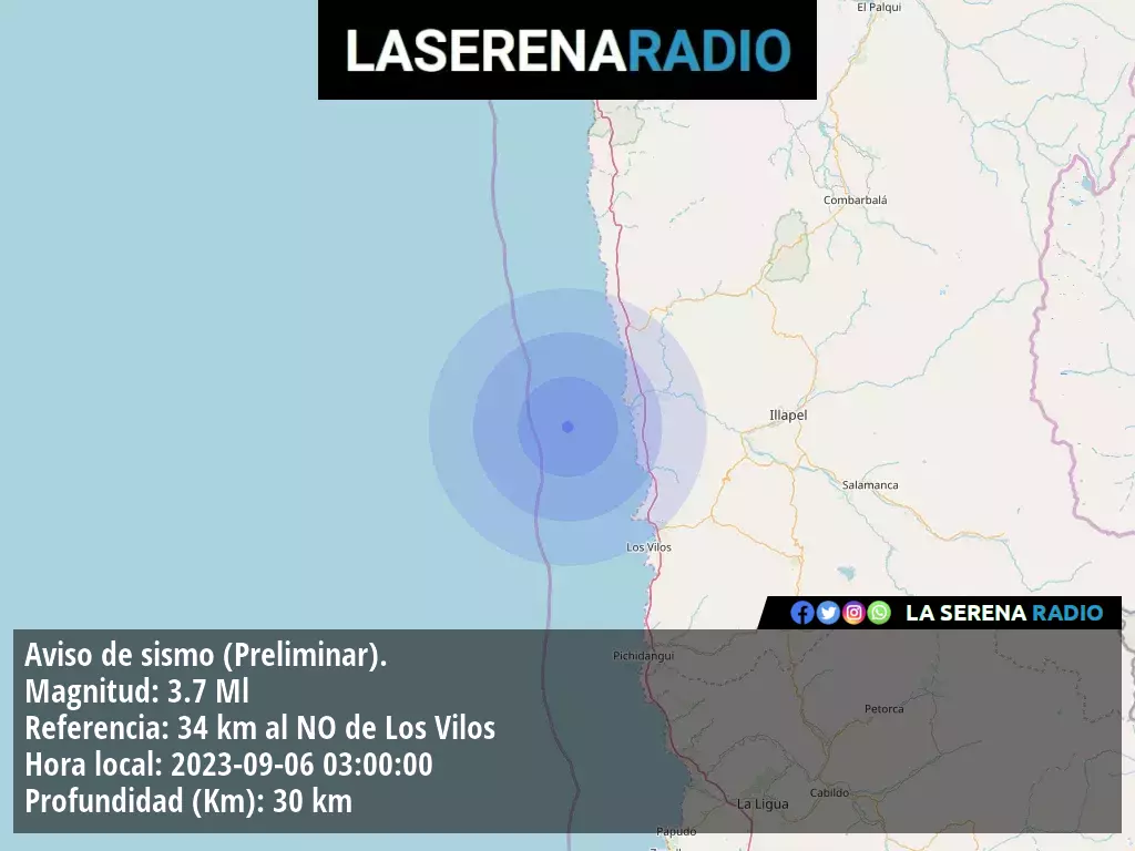 Sismo de menor intensidad a 34 kilómetros al noroeste de Los Vilos