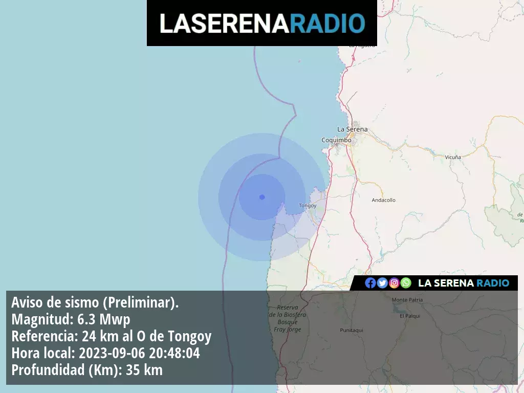 Sismo de mediana intensidad a 24 kilómetros al oeste de Tongoy