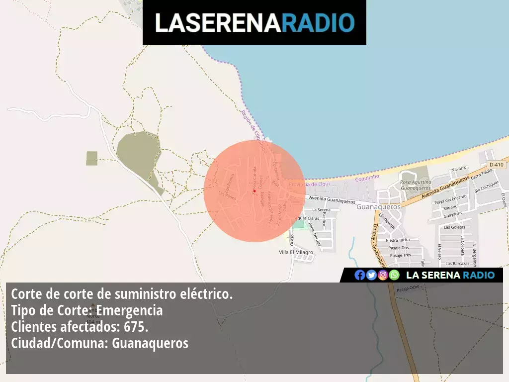 Corte de suministro eléctrico afecta a 675 clientes en Guanaqueros