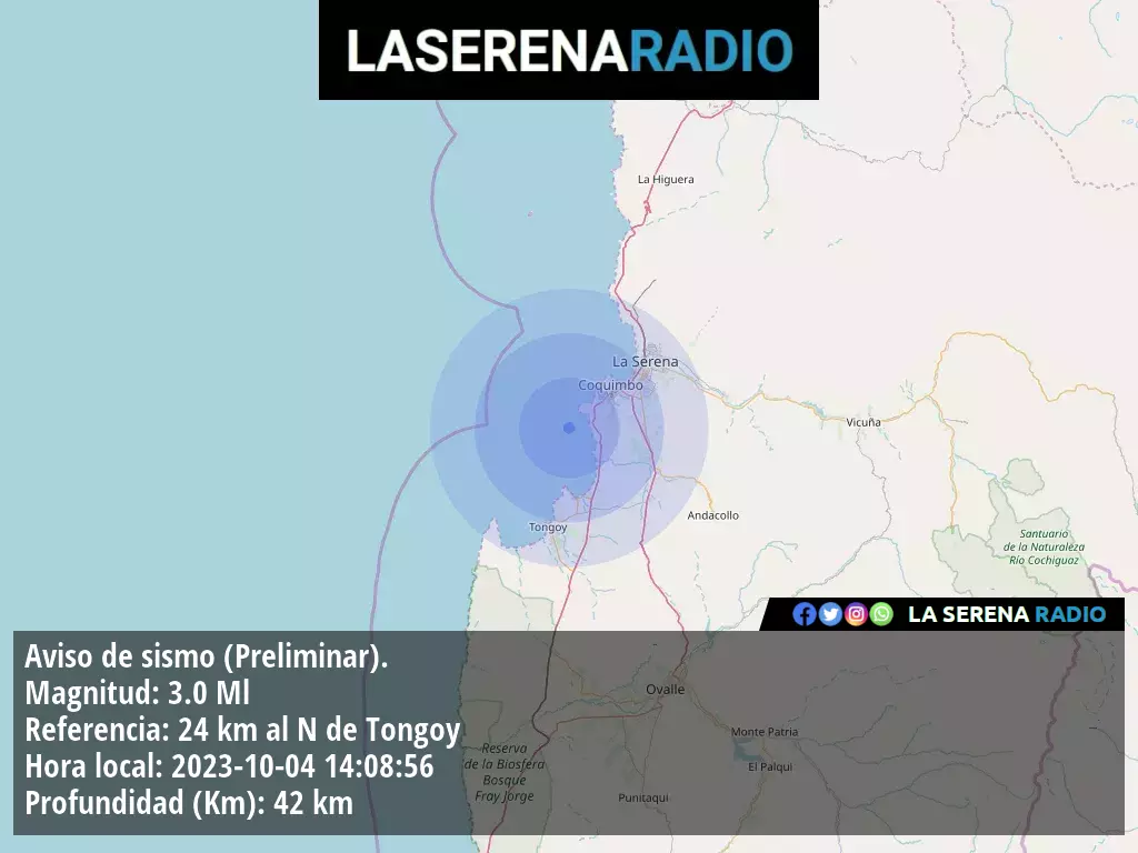 Sismo de menor intensidad a 24 kilómetros al norte de Tongoy