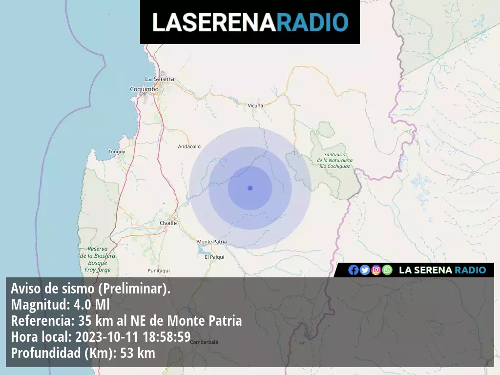 Sismo de mediana intensidad a 35 kilómetros al noreste de Monte Patria