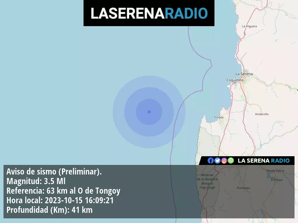 Sismo de menor intensidad a 63 kilómetros al oeste de Tongoy