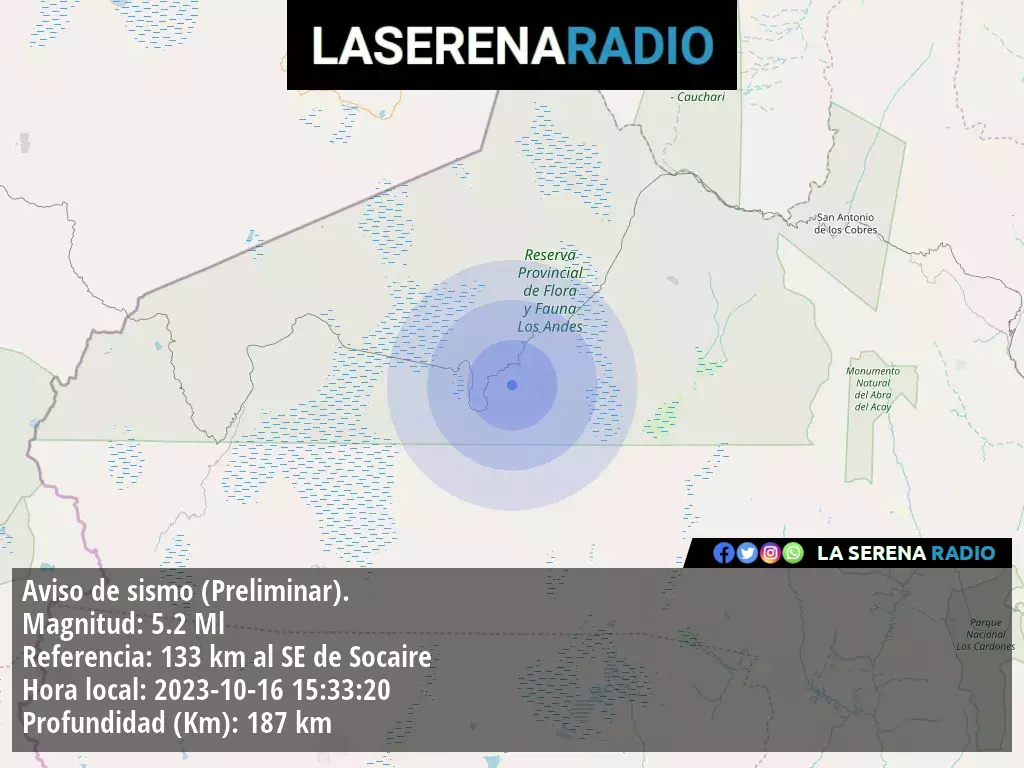 Sismo de mediana intensidad a 133 kilómetros al sureste de Socaire