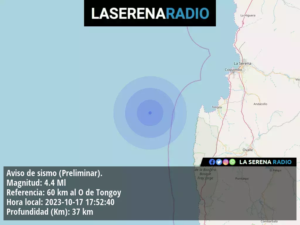 Sismo de mediana intensidad a 60 kilómetros al oeste de Tongoy