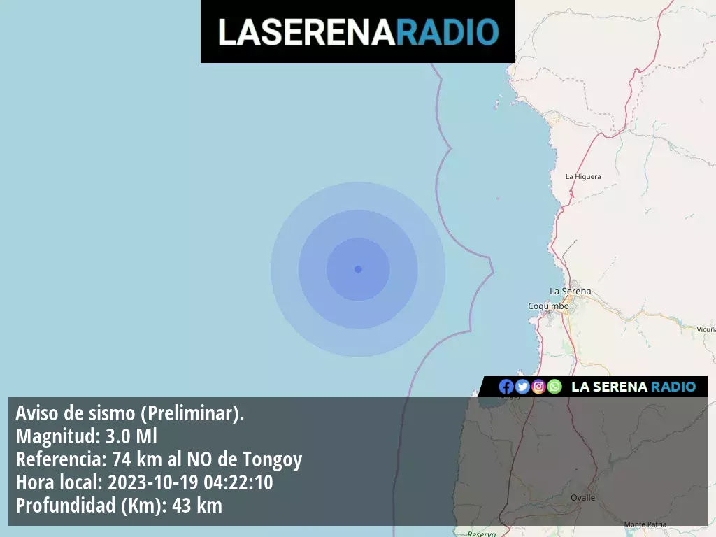 Sismo de menor intensidad a 74 kilómetros al noroeste de Tongoy