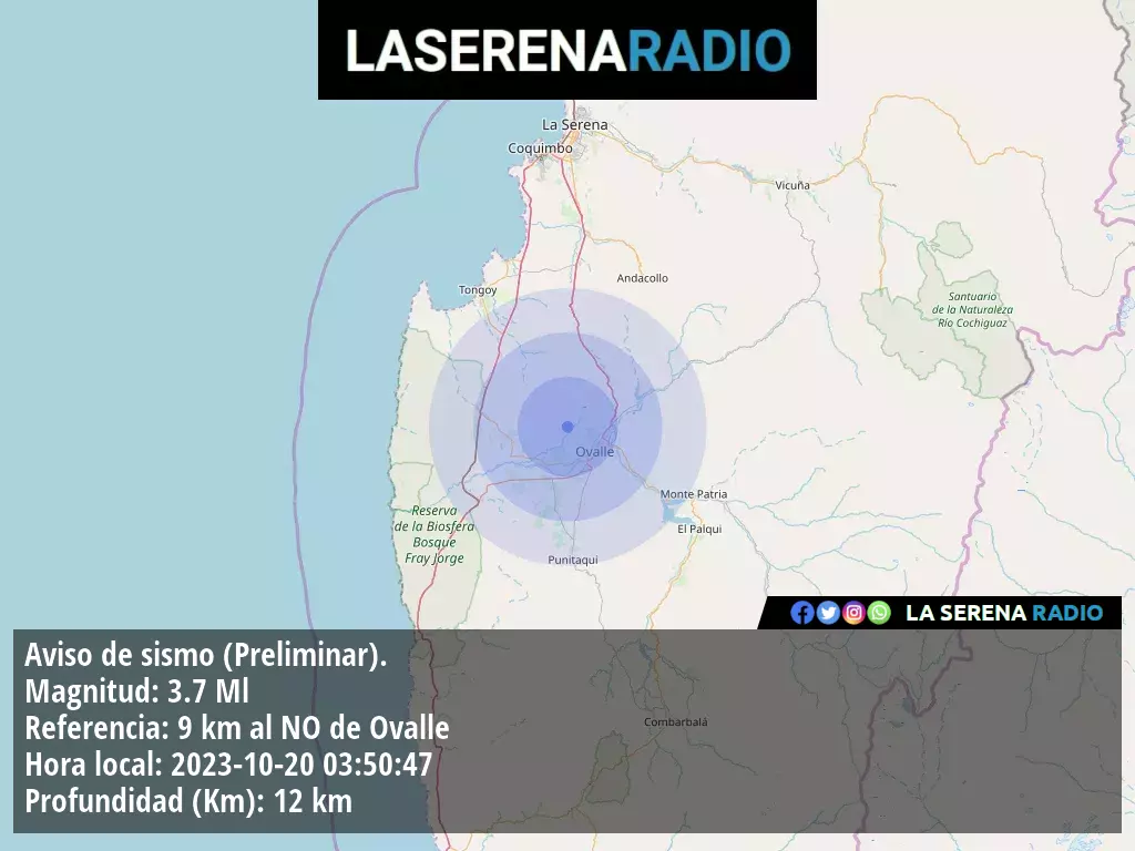 Sismo de menor intensidad a 9 kilómetros al noroeste de Ovalle