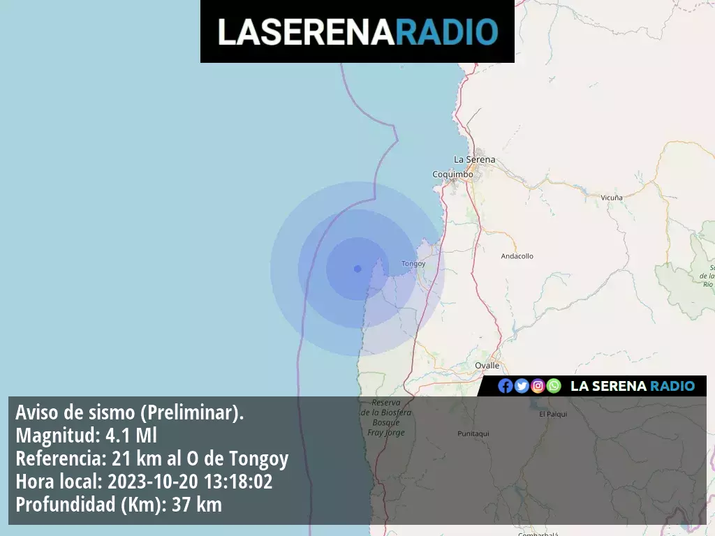 Sismo de mediana intensidad a 21 kilómetros al oeste de Tongoy