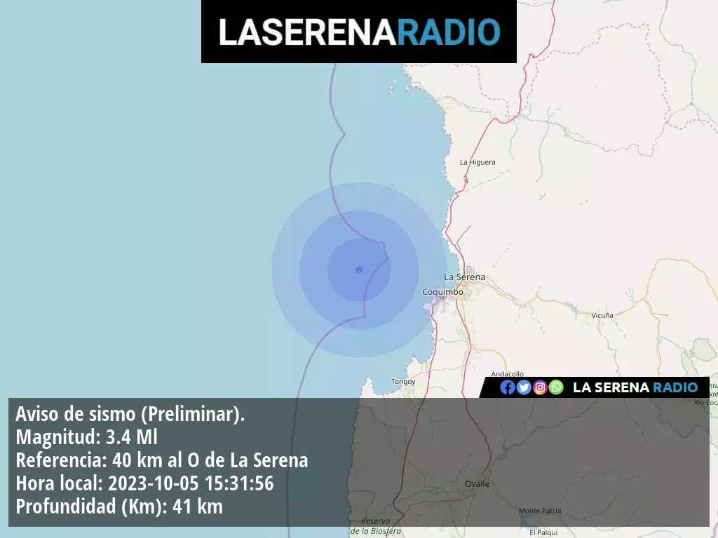 Sismo de menor intensidad a 40 kilómetros al oeste de La Serena