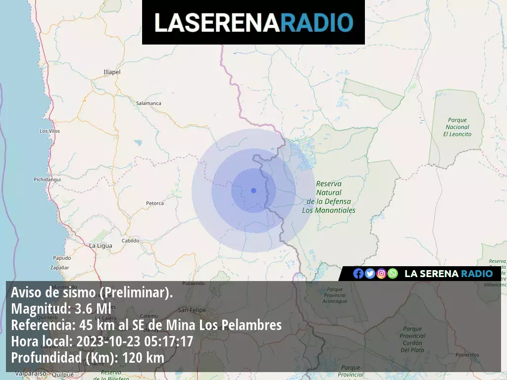 Sismo de menor intensidad a 45 kilómetros al sureste de Mina Los Pelambres