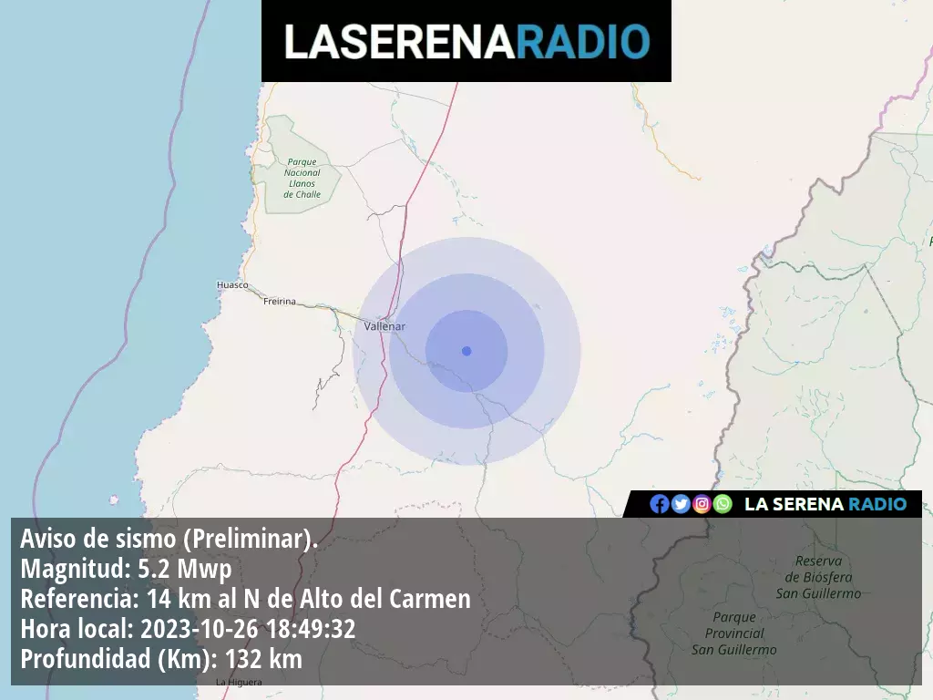 Sismo de mediana intensidad a 14 kilómetros al norte de Alto del Carmen