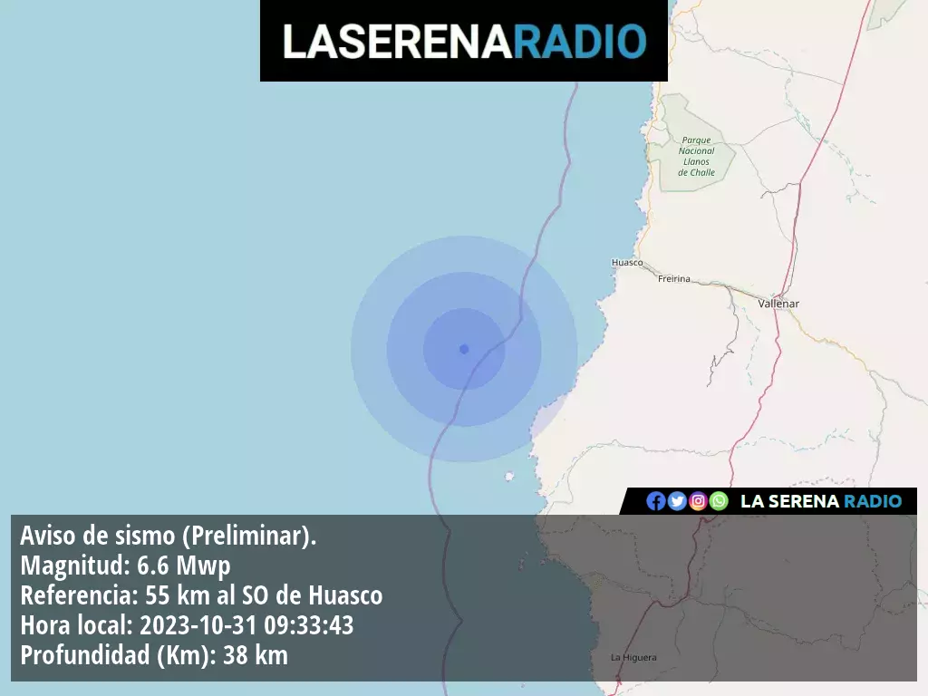 Sismo de mediana intensidad a 55 kilómetros al suroeste de Huasco