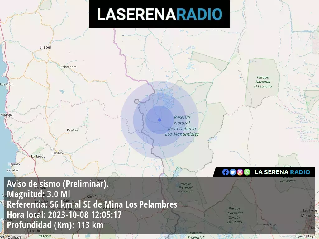 Sismo de menor intensidad a 56 kilómetros al sureste de Mina Los Pelambres