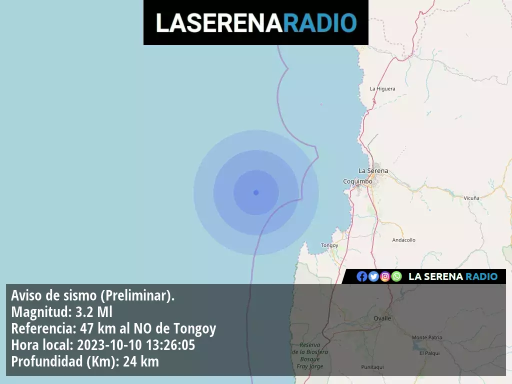 Sismo de menor intensidad a 47 kilómetros al noroeste de Tongoy