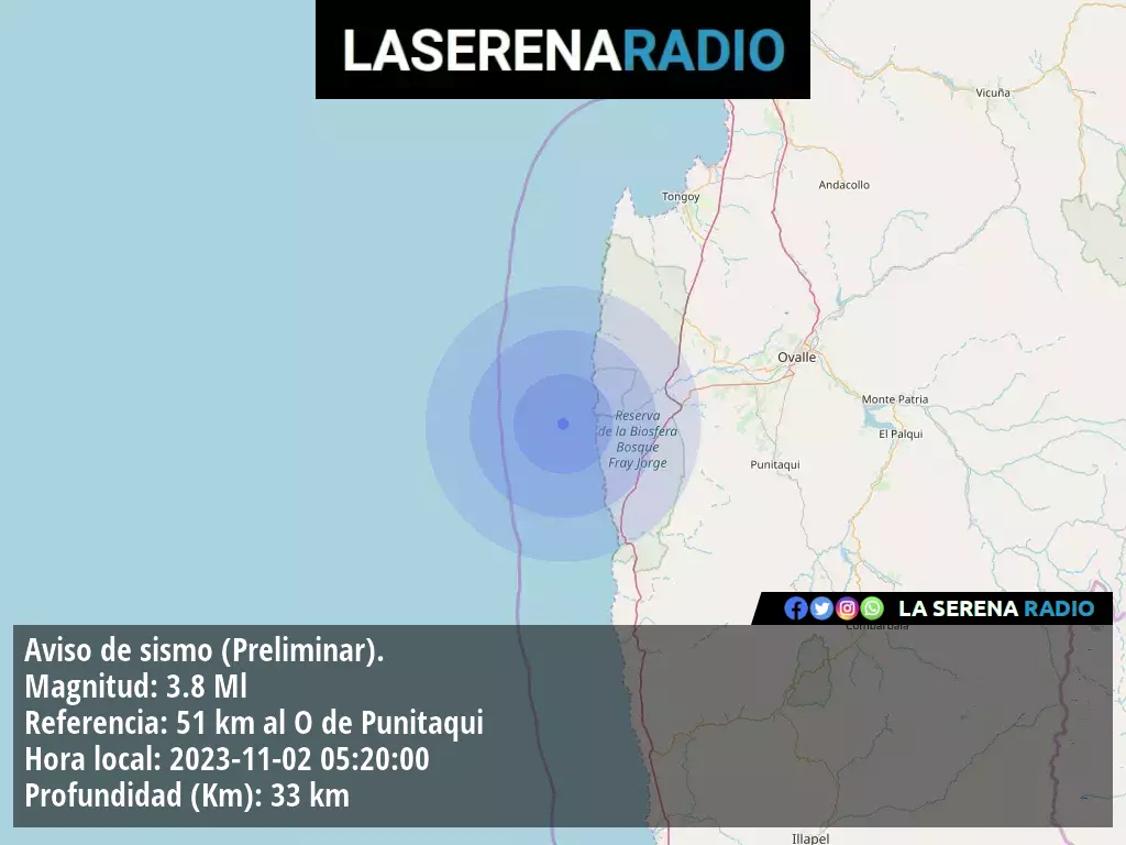 Sismo de menor intensidad a 51 kilómetros al oeste de Punitaqui