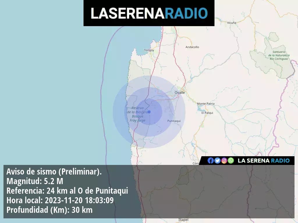 Sismo de mediana intensidad a 24 kilómetros al oeste de Punitaqui