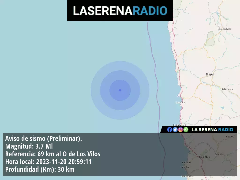 Sismo de menor intensidad a 69 kilómetros al oeste de Los Vilos