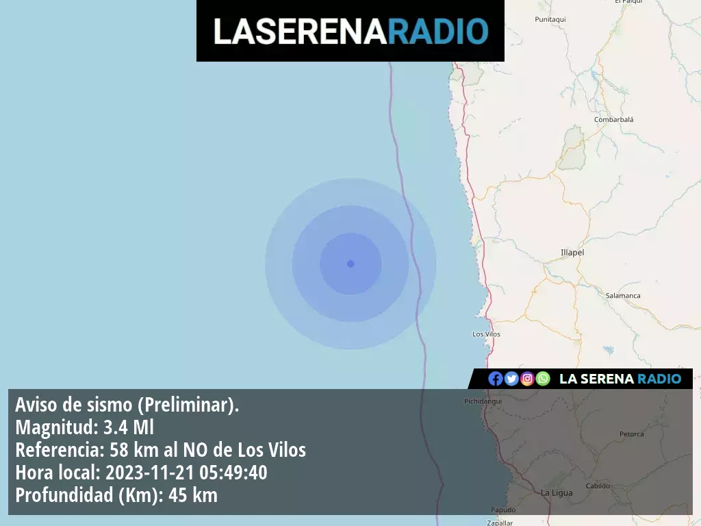 Sismo de menor intensidad a 58 kilómetros al noroeste de Los Vilos