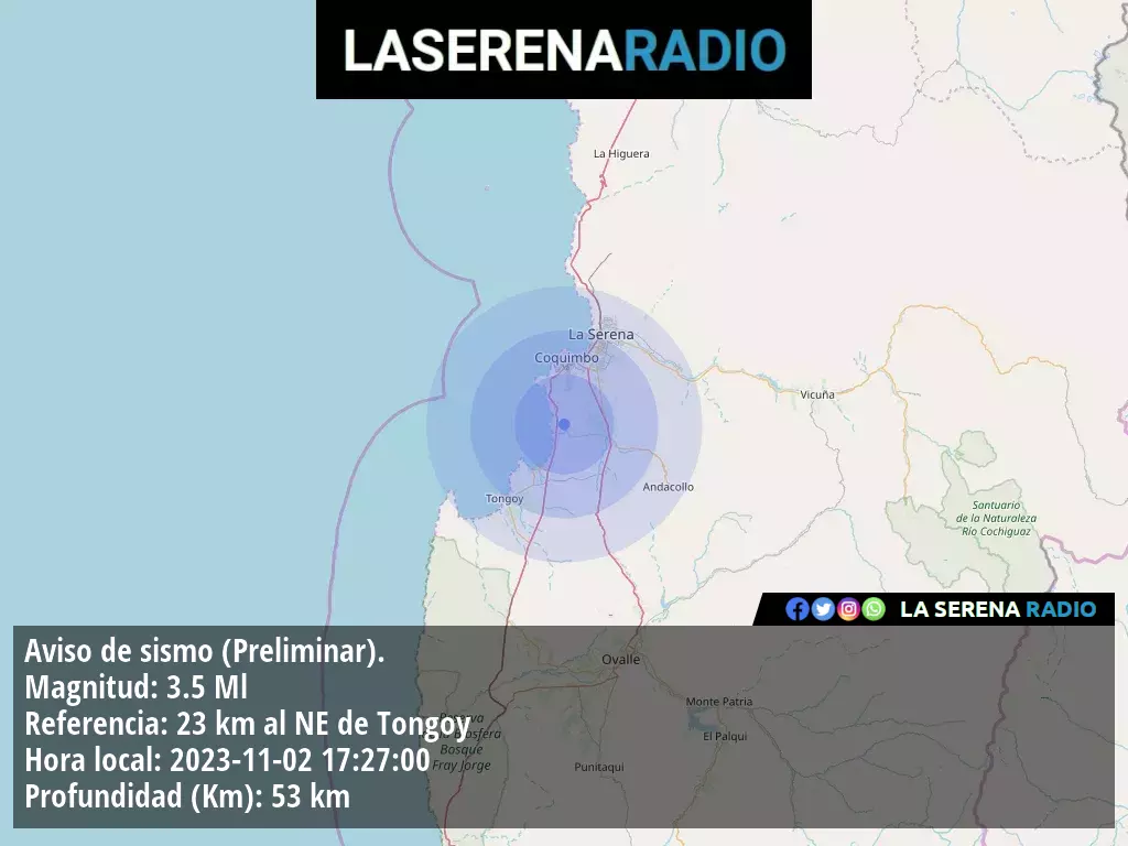 Sismo de menor intensidad a 23 kilómetros al noreste de Tongoy