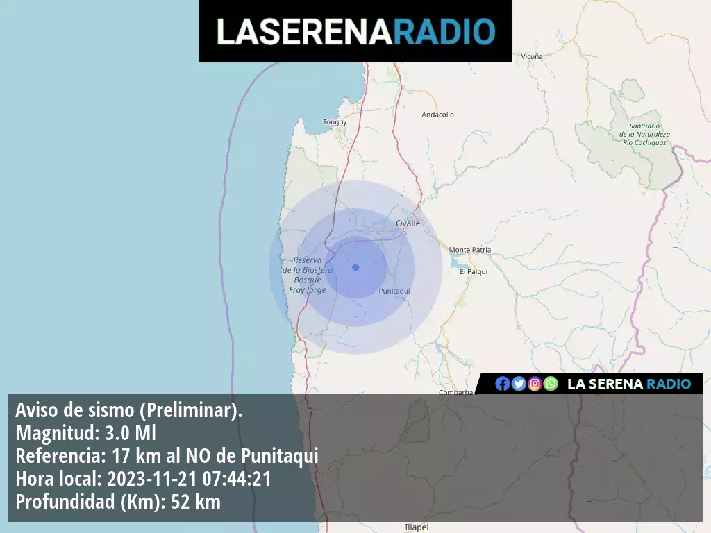 Sismo de menor intensidad a 17 kilómetros al noroeste de Punitaqui