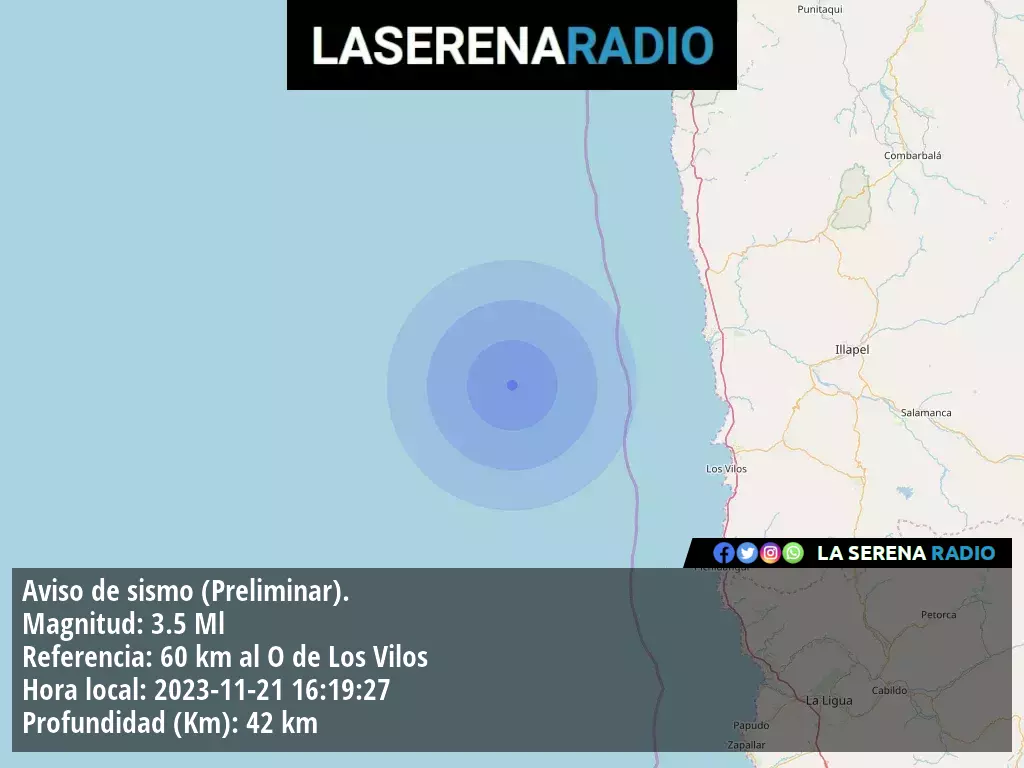 Sismo de menor intensidad a 60 kilómetros al oeste de Los Vilos