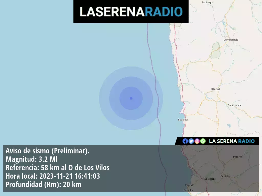 Sismo de menor intensidad a 58 kilómetros al oeste de Los Vilos