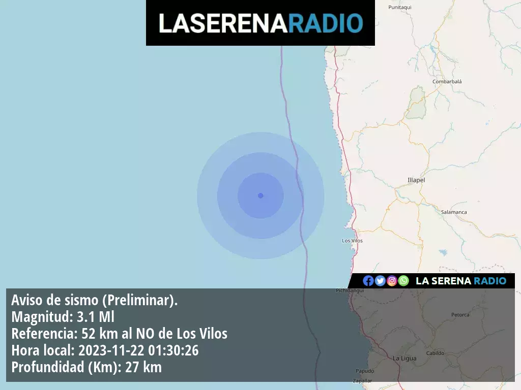 Sismo de menor intensidad a 52 kilómetros al noroeste de Los Vilos