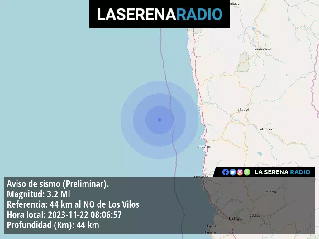 Sismo de menor intensidad a 44 kilómetros al noroeste de Los Vilos