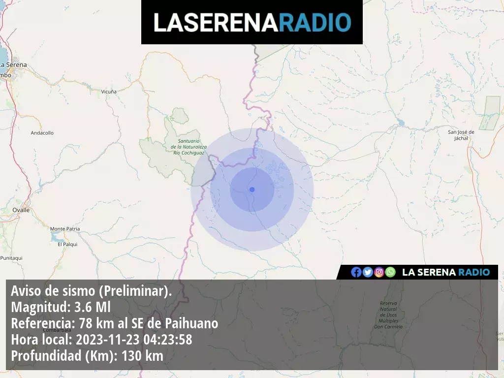 Sismo de menor intensidad a 78 kilómetros al sureste de Paihuano