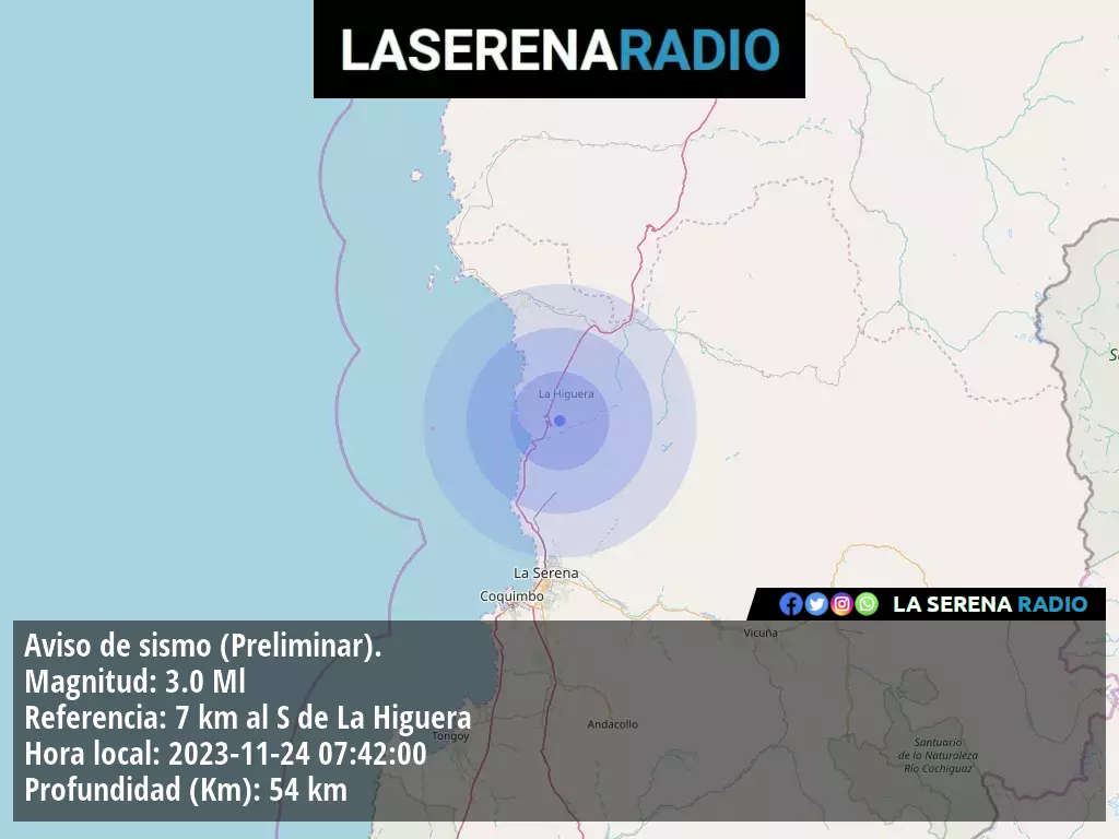 Sismo de menor intensidad a 7 kilómetros al sur de La Higuera