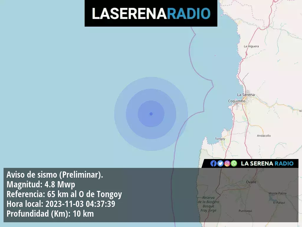 Sismo de mediana intensidad a 65 kilómetros al oeste de Tongoy