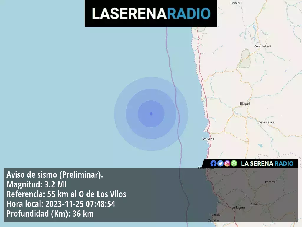 Sismo de menor intensidad a 55 kilómetros al oeste de Los Vilos