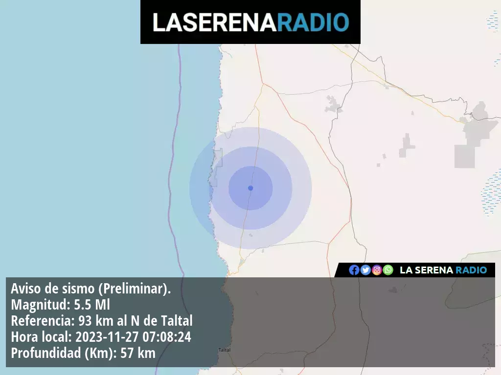 Sismo de mediana intensidad a 93 kilómetros al norte de Taltal