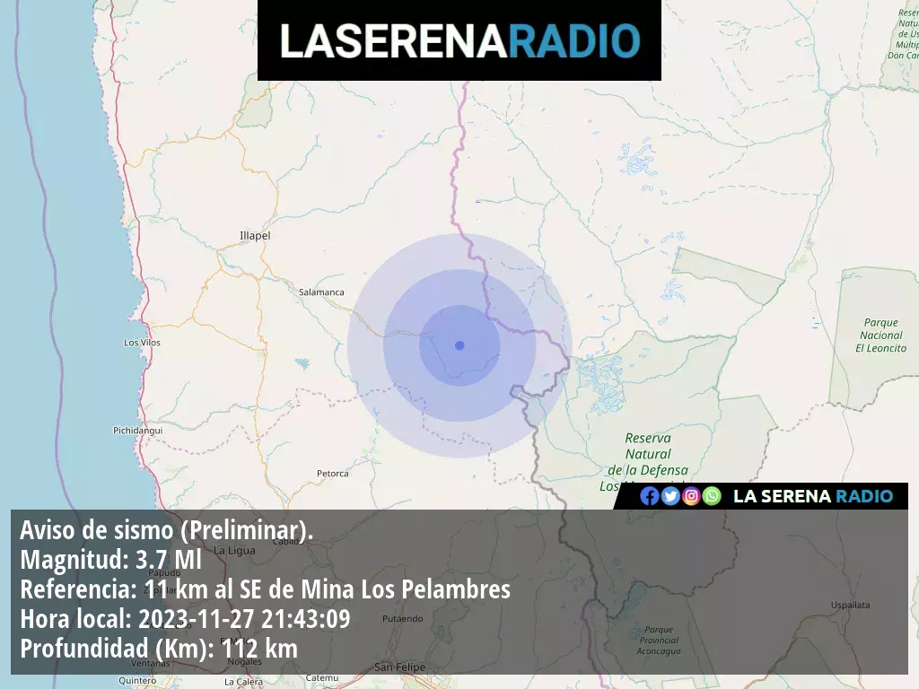 Sismo de menor intensidad a 11 kilómetros al sureste de Mina Los Pelambres