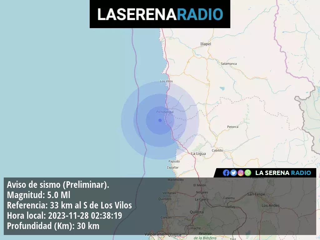 Sismo de mediana intensidad a 33 kilómetros al sur de Los Vilos