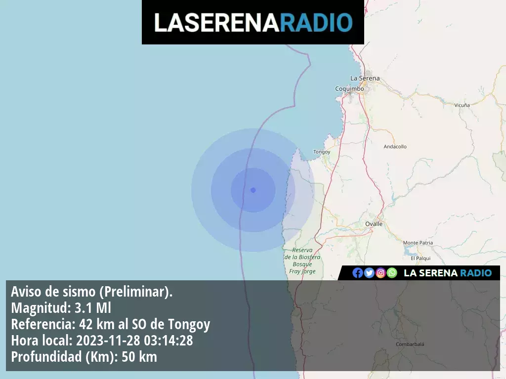 Sismo de menor intensidad a 42 kilómetros al suroeste de Tongoy