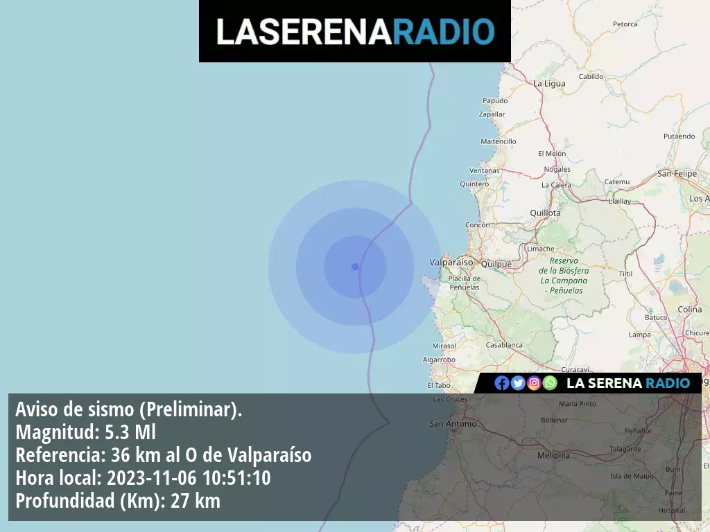 Sismo de mediana intensidad a 36 kilómetros al oeste de Valparaíso