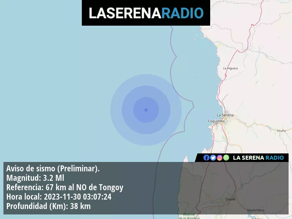 Sismo de menor intensidad a 67 kilómetros al noroeste de Tongoy