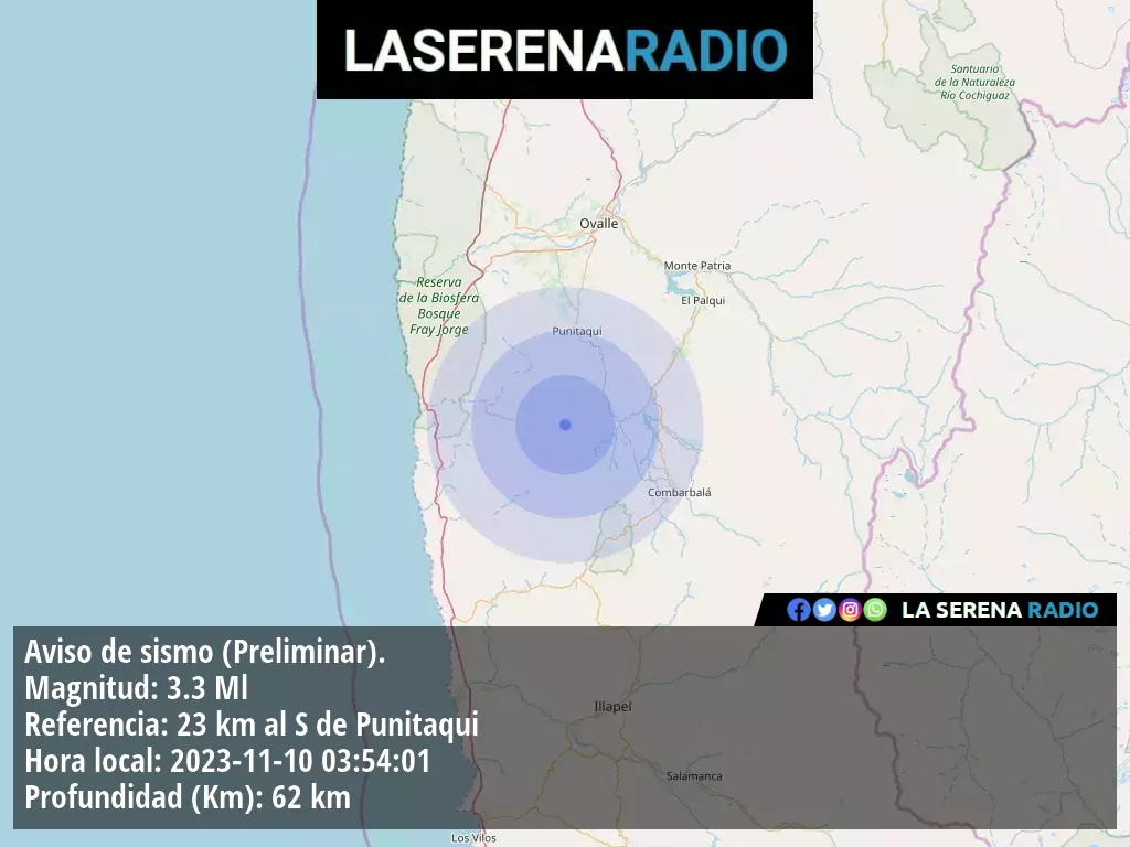 Sismo de menor intensidad a 23 kilómetros al sur de Punitaqui